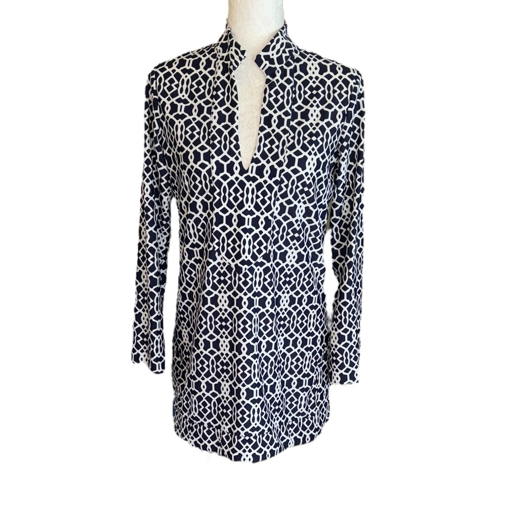 Jude Connally Chris Navy Blue & White Garden Gate Trellis Print Tunic Top - M